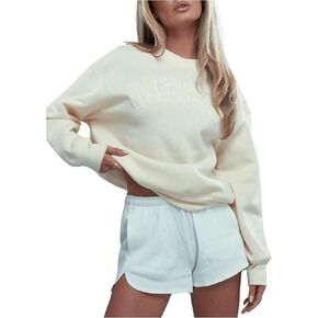 OYOANGLE Women's Letter Embroidery Long Sleeve Sweatshirts Drop Shoulder Crewneck Pullover Tops