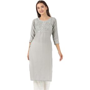 ladyline Rayon Knee Length Tunic Top Embroidered Mirror Work Round Neck Show Buttons Kurti