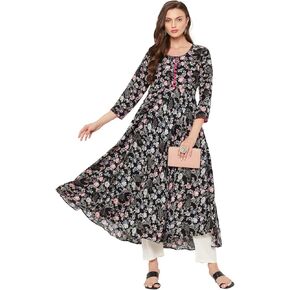 Tissu Women's Rayon Black & Pink Floral Printed A-Line Kurta