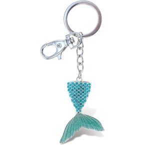 Blue Mermaid Tail Keychain - Silver 3D Sparkling Charm Rhinestones Fashionable Stylish Metal Alloy Durable Key Ring Bling Crystal Jewelry Accessory Clasp