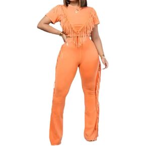 Womens Casual Fringe Outfits Short Sleeve Round Neck Top Bell Bottoms Solid Color Going Out Sets