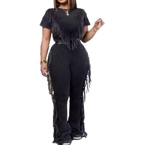 Womens Casual Fringe Outfits Short Sleeve Round Neck Top Bell Bottoms Solid Color Going Out Sets in Saudi Arabia