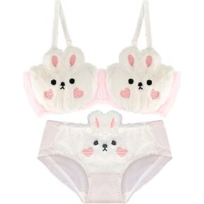 Cute Plush Bunny & Bear Gathered Padded Bra and Panty Set - Animal Design Cozy Warm Fuzzy Lingerie for Women