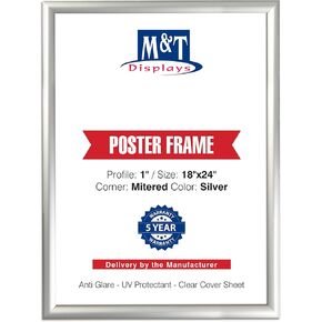 M&T Displays Snap Poster Frame 18x24 Inch Black 1" Aluminum Profile, Front Loading Wall Mounting, Display for Photo Picture Document Certificate, Mitered Corner Anti Glare Cover