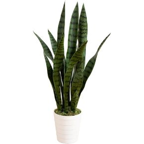 Nearly Natural 2-Ft UV Resistant Artificial Sansevieria Snake Plant – Lifelike Foliage in White Decorative Planter, Ideal for Indoor and Outdoor Decor, Wear-Resistant Greenery for Patios, Living Rooms