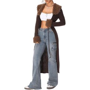 MakeMeChic Women's Contrast Faux Fur Long Sleeve Sweater Tie Front Rib Knitted Long Cardigan
