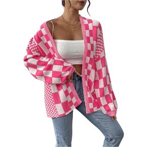 GORGLITTER Women's Checkered Oversized Cardigan Sweater Long Sleeve Open Front Knit Cardigans Outwear