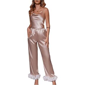 MakeMeChic Women's Silk Satin Pajama Sets Sleeveless Pjs Set 2 Piece Loungewear Cami Top and Pants