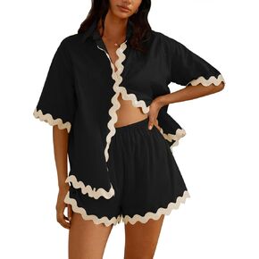 Fixmatti Women Two Piece Summer Sets Short Sleeve Button Down Shirts Short Sets