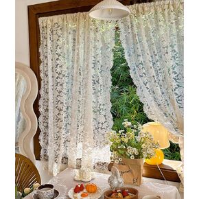 2 Panels French Curtains Lace Gauze for Living Room 51 Inches Width, 78.7 Inches Height Cream Retro Wavy Edge Bedroom Bay Window Girl Embroidery Curtain Door White Tulle Rod Pocket W51 XH78.7