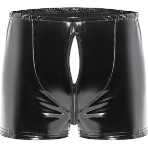 Mens Shiny Leather Boxer, Sexy Below Open Crotch, Hot Hips Exposed, Comfort Stretch Waistband