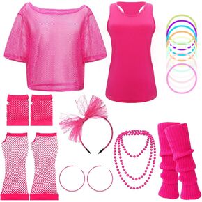 80s Outfit Women Costume Accessories Set Fishnet Top Neon Off Shoulder T-Shirt 80 Fancy Party Lace Headband Leg Warmer in Kuwait