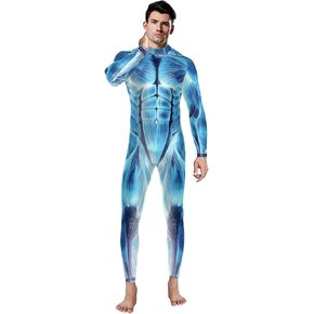 Men's 3D Muscle Printed Cosplay Bodysuit Halloween Costume Sexy Catsuit Jumpsuit