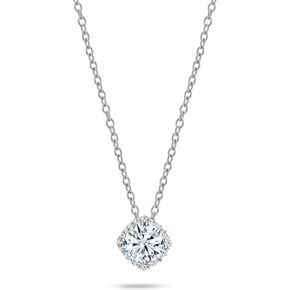1.00 Carat Center Round Lab Grown White Diamond or Cubic Zirconia Cushion Frame Halo Pendant with 18 inch Silver Chain for Women in 925 Sterling Silver