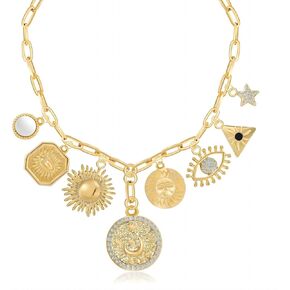 Chunky Charm 18k Gold Plated Choker Necklace for Women,Sun Heart Evil Eye Pendant Paperclip Chain Necklace,Popular Summer Statement Vintage Jewelry Boho Necklaces for Women