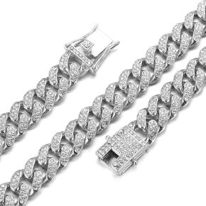 Gold Chain for Men Guys ●Big Dog● 14MM Wide Cuban Link Chain Silver Tone Iced Out Real White Gold Platinum Plated Necklace Handset Diamonds Clasp 16" Gift for Boyfriend Husband