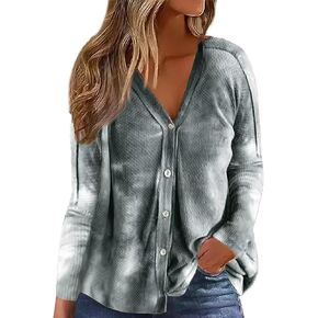Flamingals Casual Long Sleeve V-Neck Tie Dye Knit Button Up Fall Trendy Loose Pullover Tops