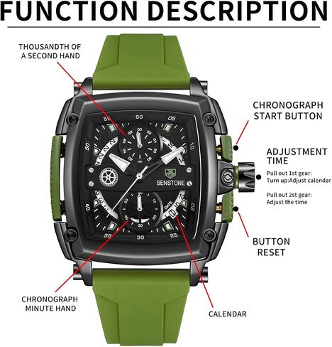 Mens Watch Square Fashion Sports Multifunction Chronograph Quartz Analog Wristwatch Gift for Men Rubber Band Silicone Strap Watches in Saudi Arabia