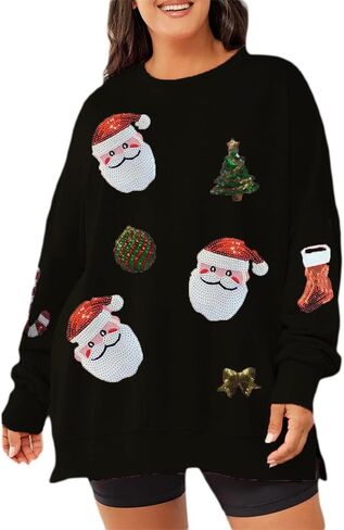 Argeousgor Women Christmas Sweatshirt Sequin Santa Claus Oversized Long Sleeve Sweater Christmas Pullover Tops Shirt in Saudi Arabia