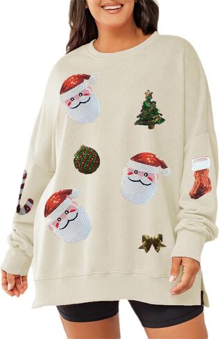 Argeousgor Women Christmas Sweatshirt Sequin Santa Claus Oversized Long Sleeve Sweater Christmas Pullover Tops Shirt in Saudi Arabia
