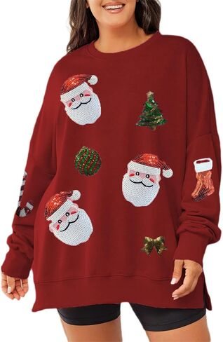 Argeousgor Women Christmas Sweatshirt Sequin Santa Claus Oversized Long Sleeve Sweater Christmas Pullover Tops Shirt in Saudi Arabia