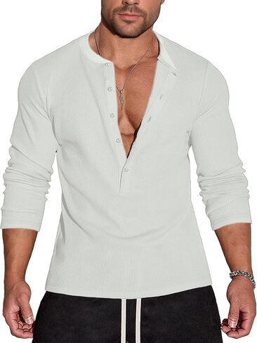 Men's Waffle Henley 5 Buttons Stylish Long&Short Sleeve T-Shirt Casual Slim Fit Tee in Saudi Arabia