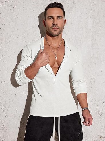 Men's Waffle Henley 5 Buttons Stylish Long&Short Sleeve T-Shirt Casual Slim Fit Tee in Saudi Arabia