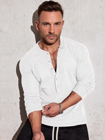 Men's Waffle Henley 5 Buttons Stylish Long&Short Sleeve T-Shirt Casual Slim Fit Tee in Saudi Arabia