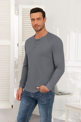 Aimeilgot Mens T-Shirts Henley Knitted Long Sleeve Waffle Button Casual Soft Washed Basic Tops in Saudi Arabia