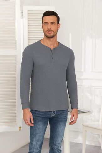 Aimeilgot Mens T-Shirts Henley Knitted Long Sleeve Waffle Button Casual Soft Washed Basic Tops in Saudi Arabia