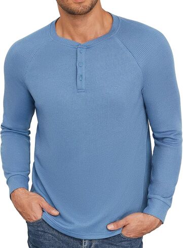 Aimeilgot Mens T-Shirts Henley Knitted Long Sleeve Waffle Button Casual Soft Washed Basic Tops in Saudi Arabia