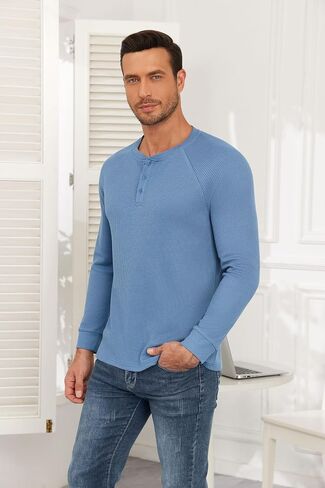Aimeilgot Mens T-Shirts Henley Knitted Long Sleeve Waffle Button Casual Soft Washed Basic Tops in Saudi Arabia