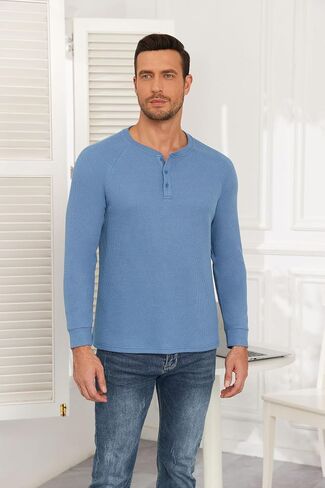 Aimeilgot Mens T-Shirts Henley Knitted Long Sleeve Waffle Button Casual Soft Washed Basic Tops in Saudi Arabia
