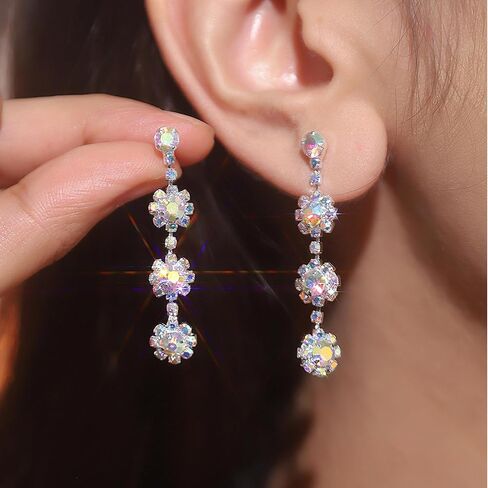 Sparkly Rhinestone Earrings Long Crystal Snowflake Tassels Dangle Drop Earrings Chandelier Statement Earrings Lightweight Ear Stud Wedding Party Prom Earrings Wedding Party Christmas Jewelry Gifts for Women in Saudi Arabia