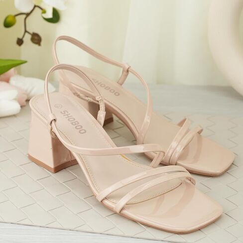 Strappy Heels for Women Short Block Low Heel Sandals, Comfortable Women's Heeled Sandals Dress Shoes with Chunky Heel and Square Toe Style for Casual Office Day Out in Kuwait