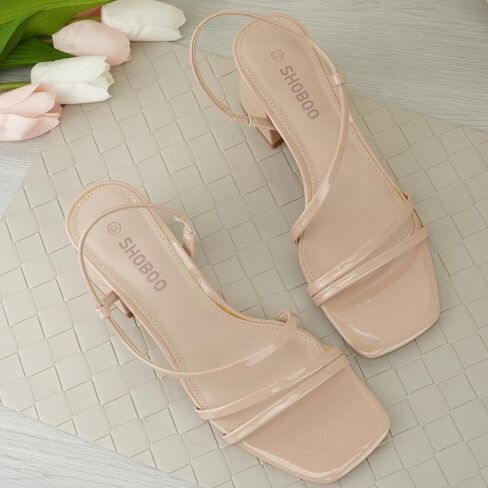 Strappy Heels for Women Short Block Low Heel Sandals, Comfortable Women's Heeled Sandals Dress Shoes with Chunky Heel and Square Toe Style for Casual Office Day Out in Kuwait