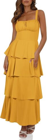 فستان نسائي طويل صيفي من Wenrine بحزام سباغيتي بدون أكمام وربطة عنق من الخلف فساتين كاجوال بطبقات متدرجة in Kuwait