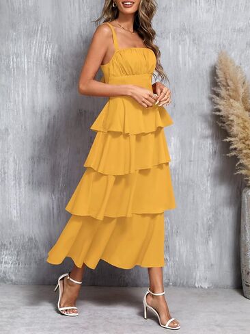 فستان نسائي طويل صيفي من Wenrine بحزام سباغيتي بدون أكمام وربطة عنق من الخلف فساتين كاجوال بطبقات متدرجة in Kuwait