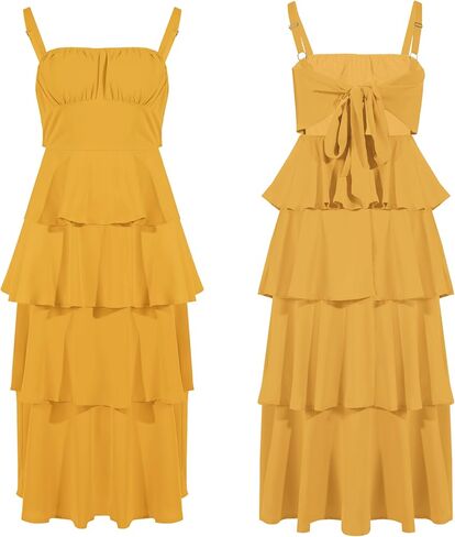 فستان نسائي طويل صيفي من Wenrine بحزام سباغيتي بدون أكمام وربطة عنق من الخلف فساتين كاجوال بطبقات متدرجة in Kuwait