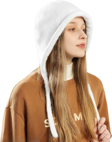 Y2K Cute Fluffy Beanie Hats for Women Girls Warm Faux Fur Winter Earflap Hat Tie Pullover Hat in Saudi Arabia