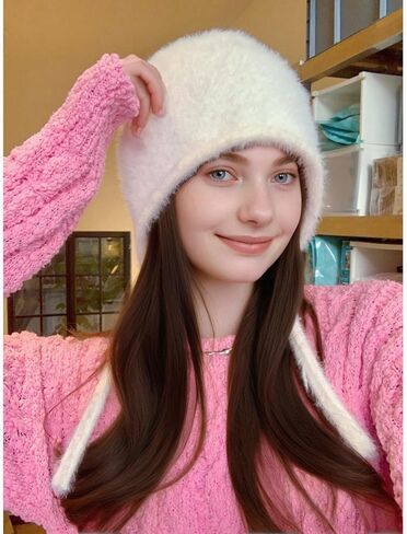Y2K Cute Fluffy Beanie Hats for Women Girls Warm Faux Fur Winter Earflap Hat Tie Pullover Hat in Saudi Arabia