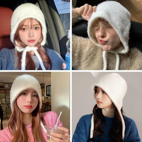 Y2K Cute Fluffy Beanie Hats for Women Girls Warm Faux Fur Winter Earflap Hat Tie Pullover Hat in Saudi Arabia