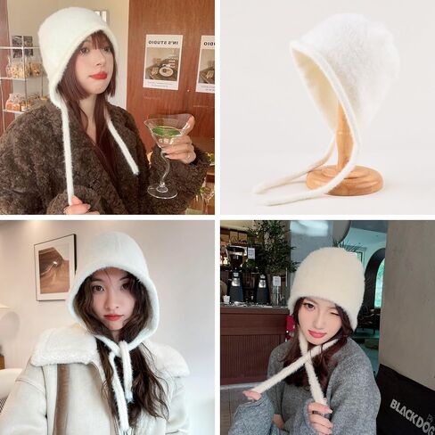 Y2K Cute Fluffy Beanie Hats for Women Girls Warm Faux Fur Winter Earflap Hat Tie Pullover Hat in Saudi Arabia