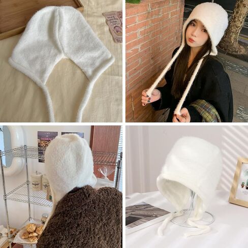 Y2K Cute Fluffy Beanie Hats for Women Girls Warm Faux Fur Winter Earflap Hat Tie Pullover Hat in Saudi Arabia