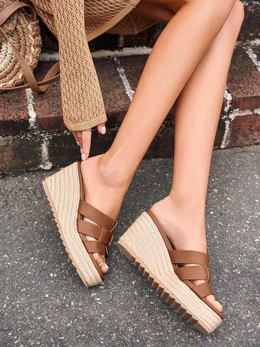 Coutgo Women's Wedge Sandals Platform Espadrille Heels Open Toe Strappy Slip On Casual Summer Slide Shoes in Saudi Arabia