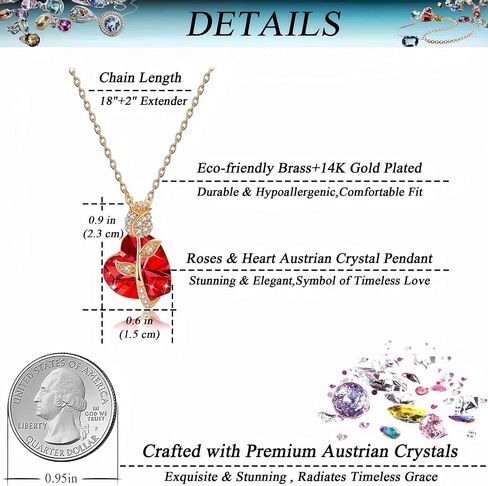EVEVIC Austrian Crystal Heart Rose Flower Pendant Necklaces for Women Fashion 14K Gold Plated Dainty Necklace Hypoallergenic Jewelry in Saudi Arabia