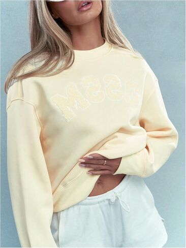 OYOANGLE Women's Letter Embroidery Long Sleeve Sweatshirts Drop Shoulder Crewneck Pullover Tops in Saudi Arabia