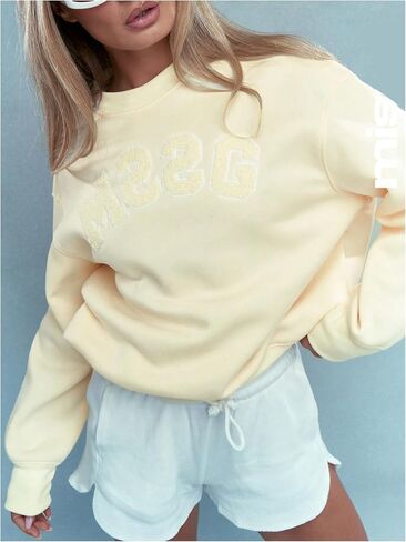 OYOANGLE Women's Letter Embroidery Long Sleeve Sweatshirts Drop Shoulder Crewneck Pullover Tops in Saudi Arabia