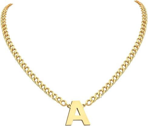 18+2 Inch Initial Letter Pendant Necklace for Men Women, 18K Gold Plated Stainless Steel Capital A-Z Alphabet Name Necklaces 4.5mm Cuban Link Chain with Initial - Send Gift Box in Saudi Arabia
