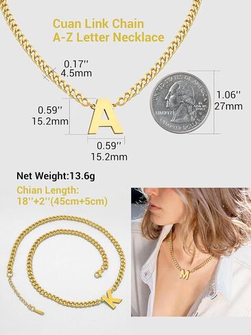 18+2 Inch Initial Letter Pendant Necklace for Men Women, 18K Gold Plated Stainless Steel Capital A-Z Alphabet Name Necklaces 4.5mm Cuban Link Chain with Initial - Send Gift Box in Saudi Arabia